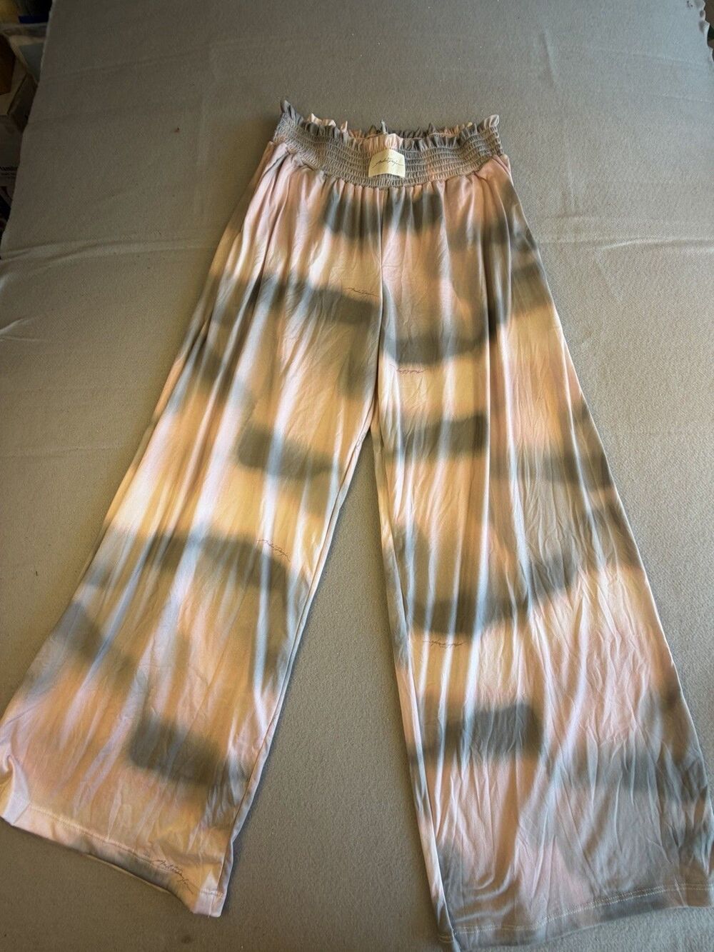 Bronzin Andres Pajon  Pink/Gray Tie-Dye Wide-Leg High Rise Smocked Rayon Pants M